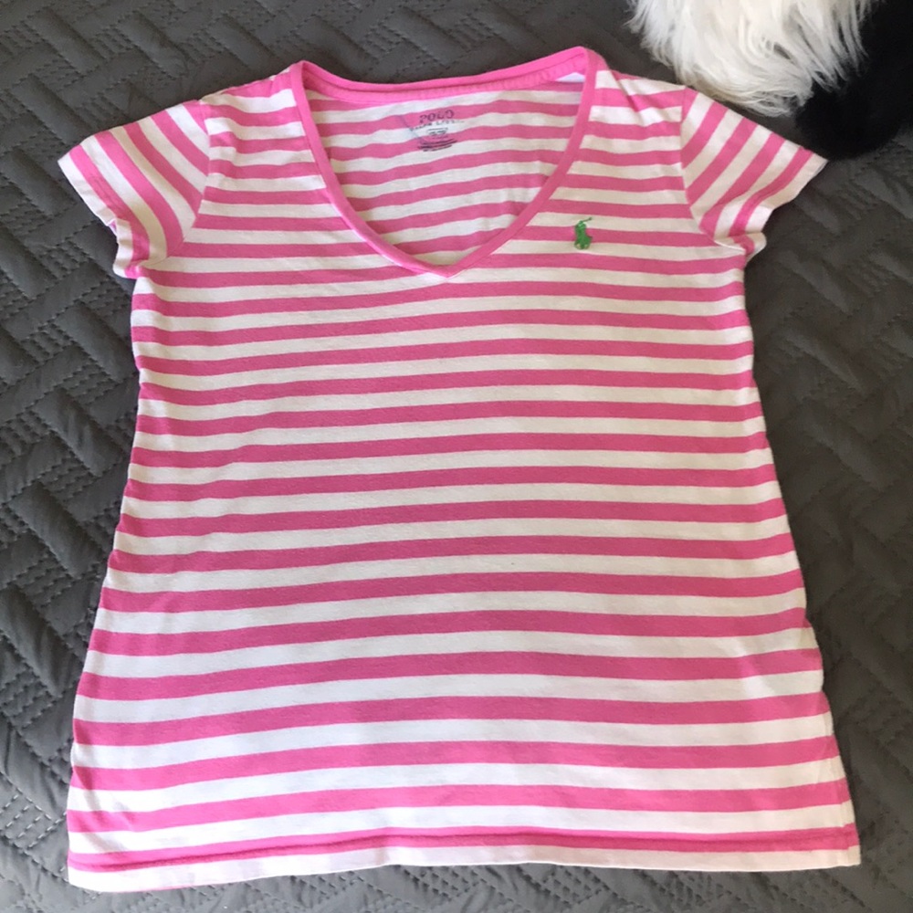 Thick pink and white stiles Ralph Lauren’s tee